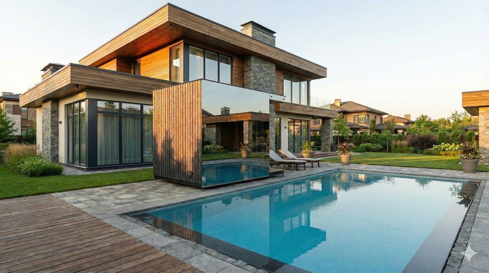 Welsa Cube 240 met thermohouten buitenbekleding en spiegelglas naast een zwembad bij een villa
