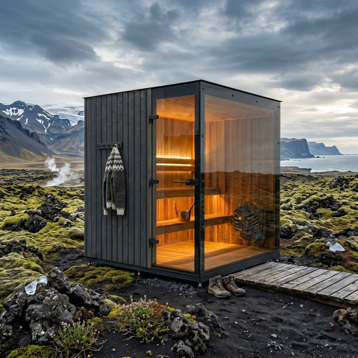 Sfeerbeeld van de Welsa Cube met panoramisch glas en een warm verlicht interieur