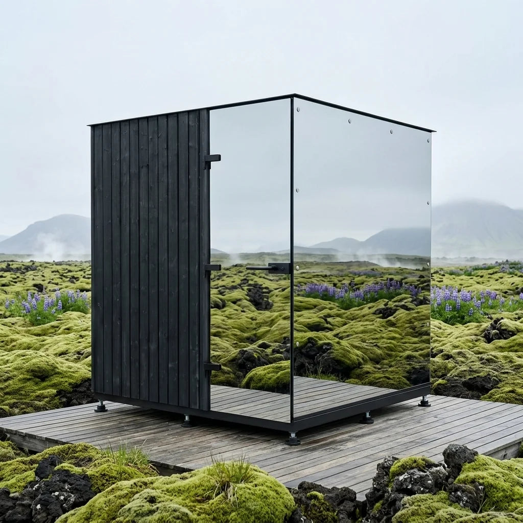 Cube met spiegelglas waarin het landschap en de lucht terugkomen