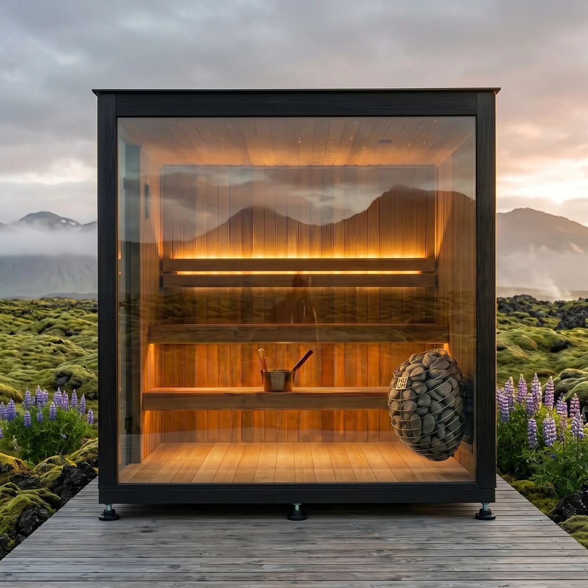 Frontaanzicht van de Welsa Cube met panoramisch glas, houten banken en een HUUM-kachel