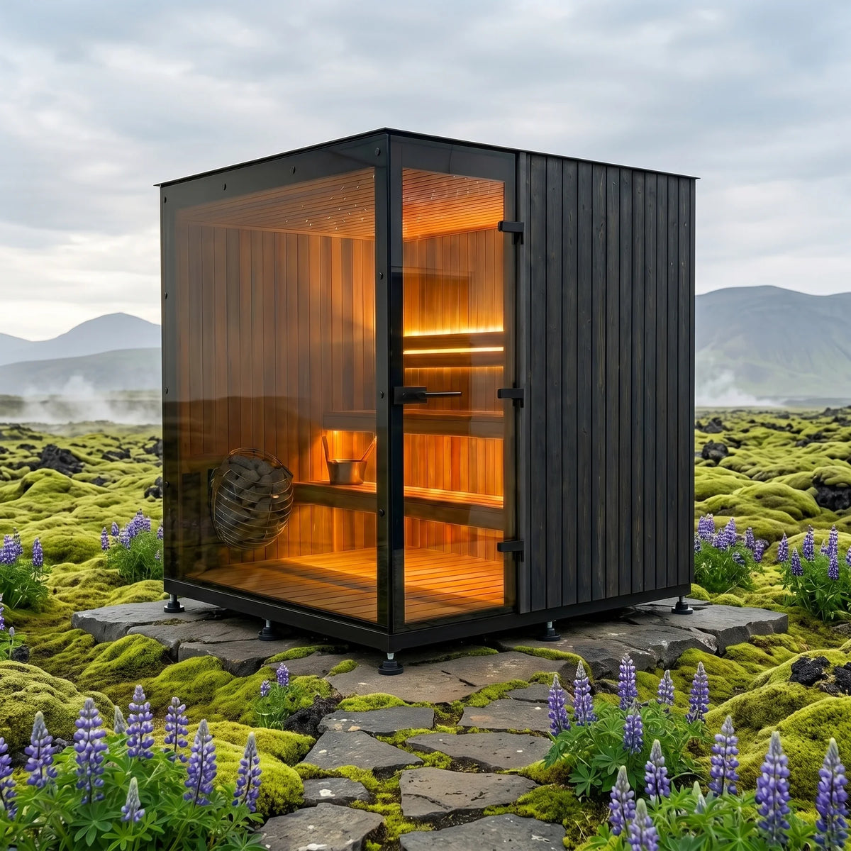 Cube met zwart getint rookglas en zicht op het verlichte houten interieur